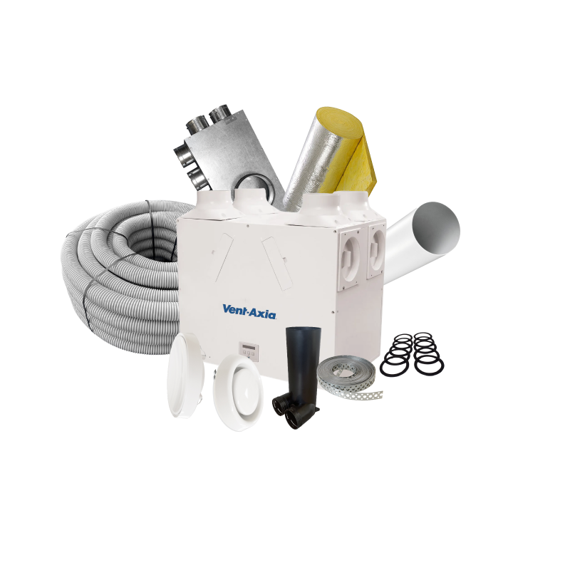 Vent-Axia exhaust system with hoses and accessories on a white background