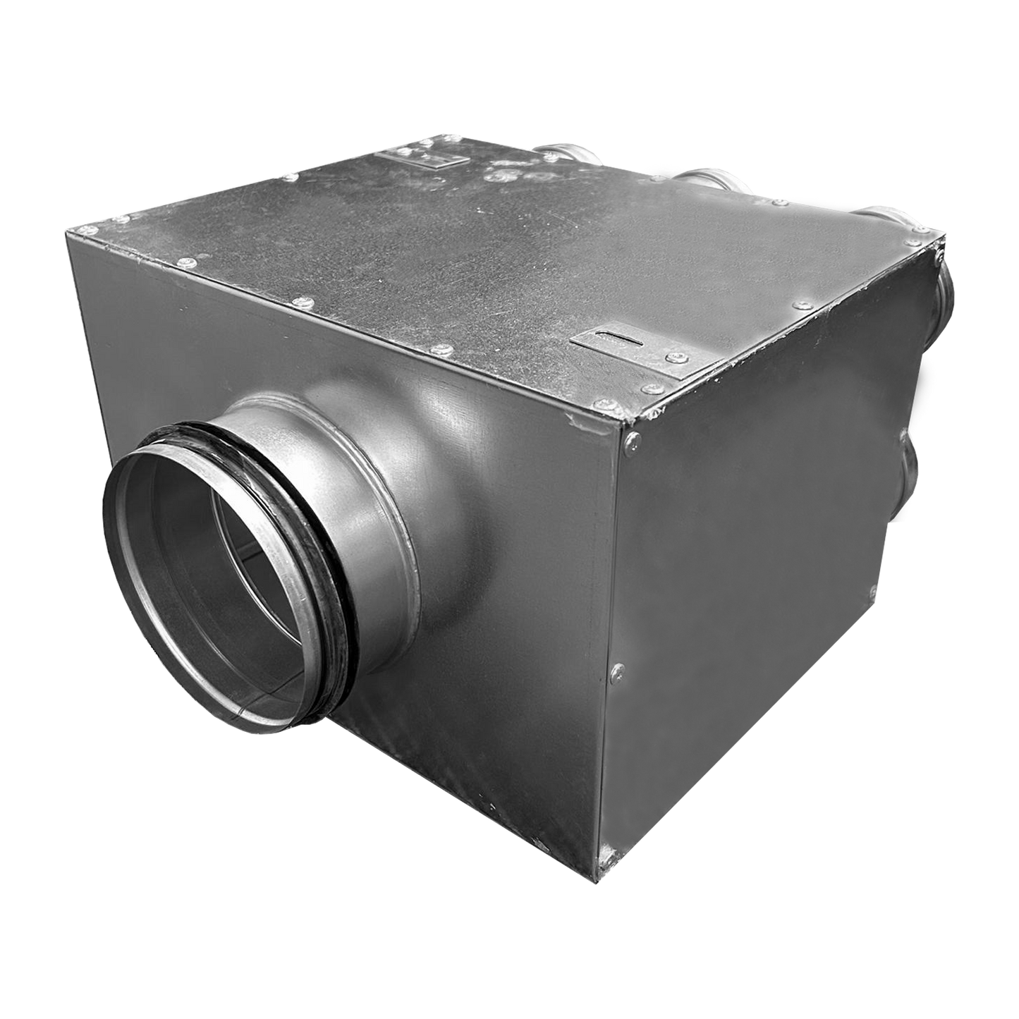 Metal duct connector with circular opening on a white background