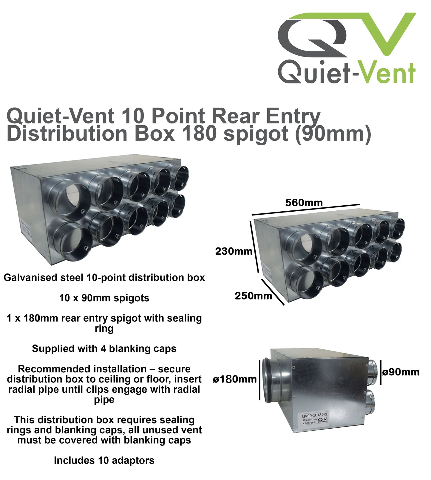 10 Point 90mm Rear Entry Distribution Box 180mm Spigot