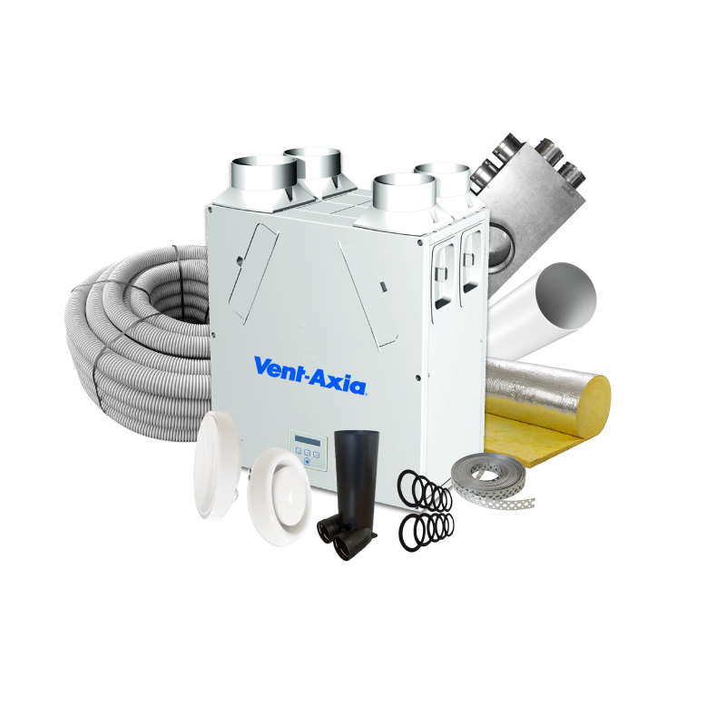 Vent-Axia ventilation system with ducting and accessories on a white background