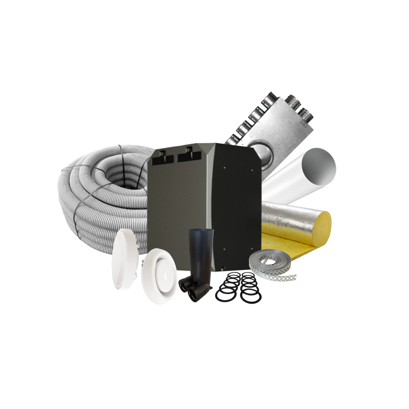 Collection of HVAC components on a white background