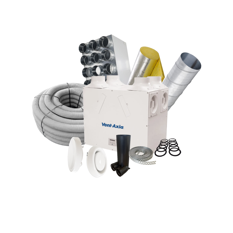 Vent-Axia ventilation system with various components on a white background