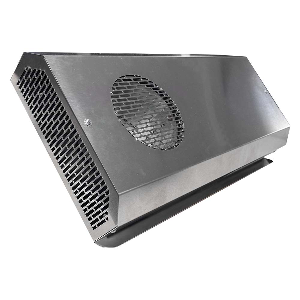 Stainless steel range hood on a white background