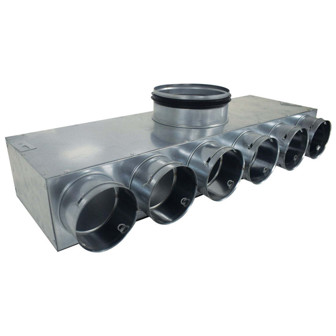 Metal duct system with multiple outlets on a white background