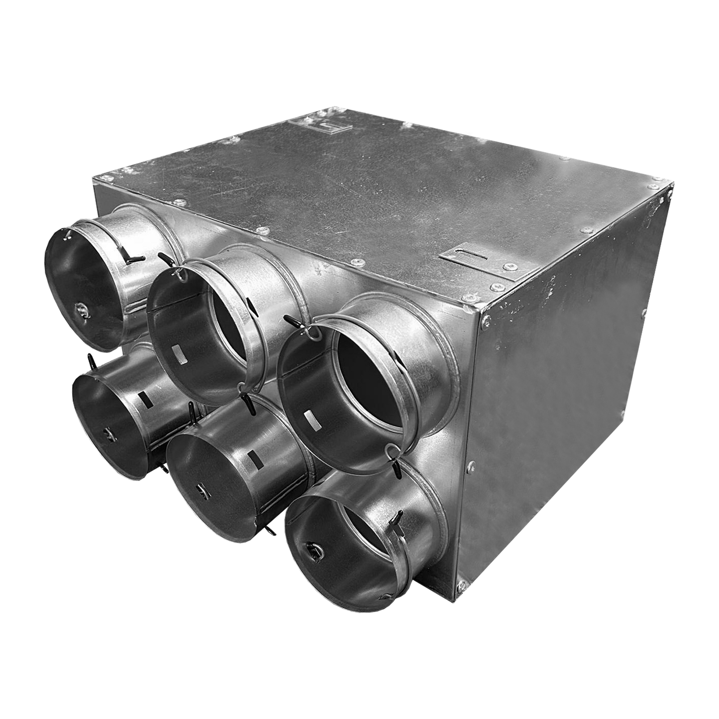 Metallic box with multiple cylindrical ports on a white background