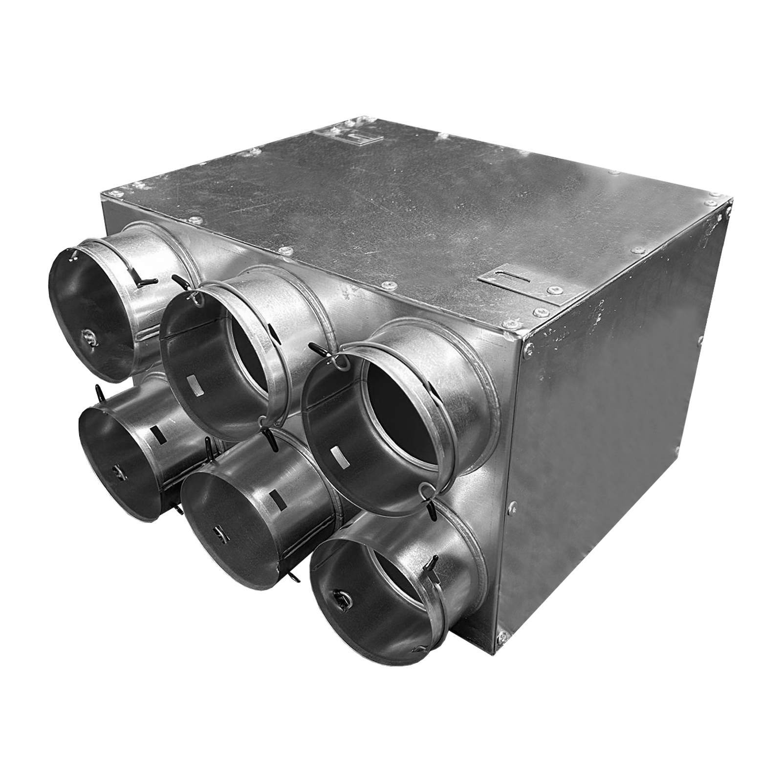 Metallic box with multiple cylindrical ports on a white background