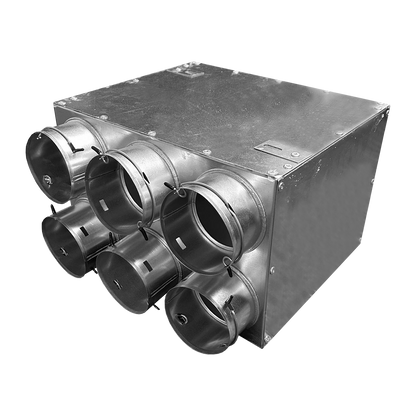 Metallic box with multiple cylindrical ports on a white background