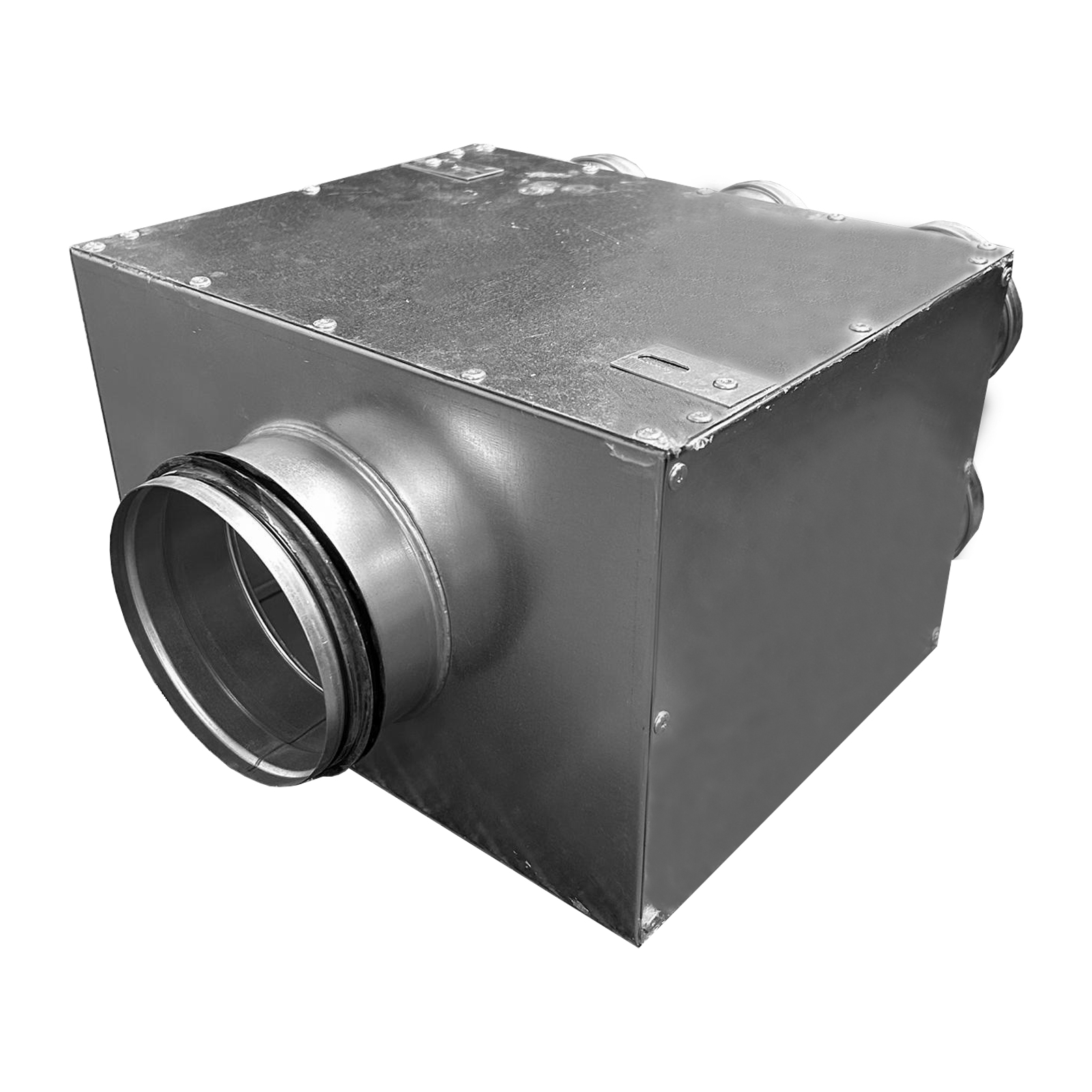 Metal duct connector with circular opening on a white background