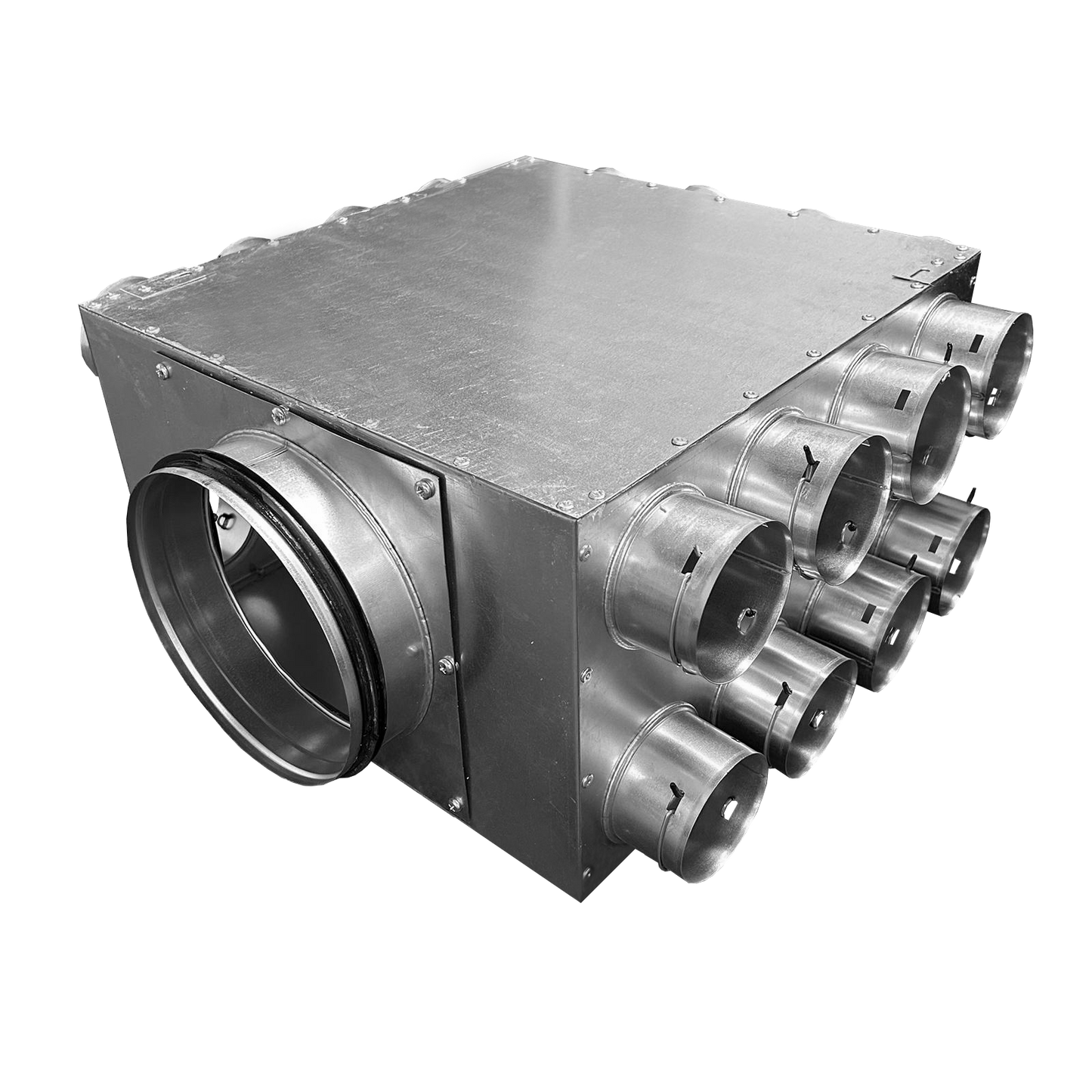 24 port MVHR distribution manifold with adjustable duct connections and blanking caps