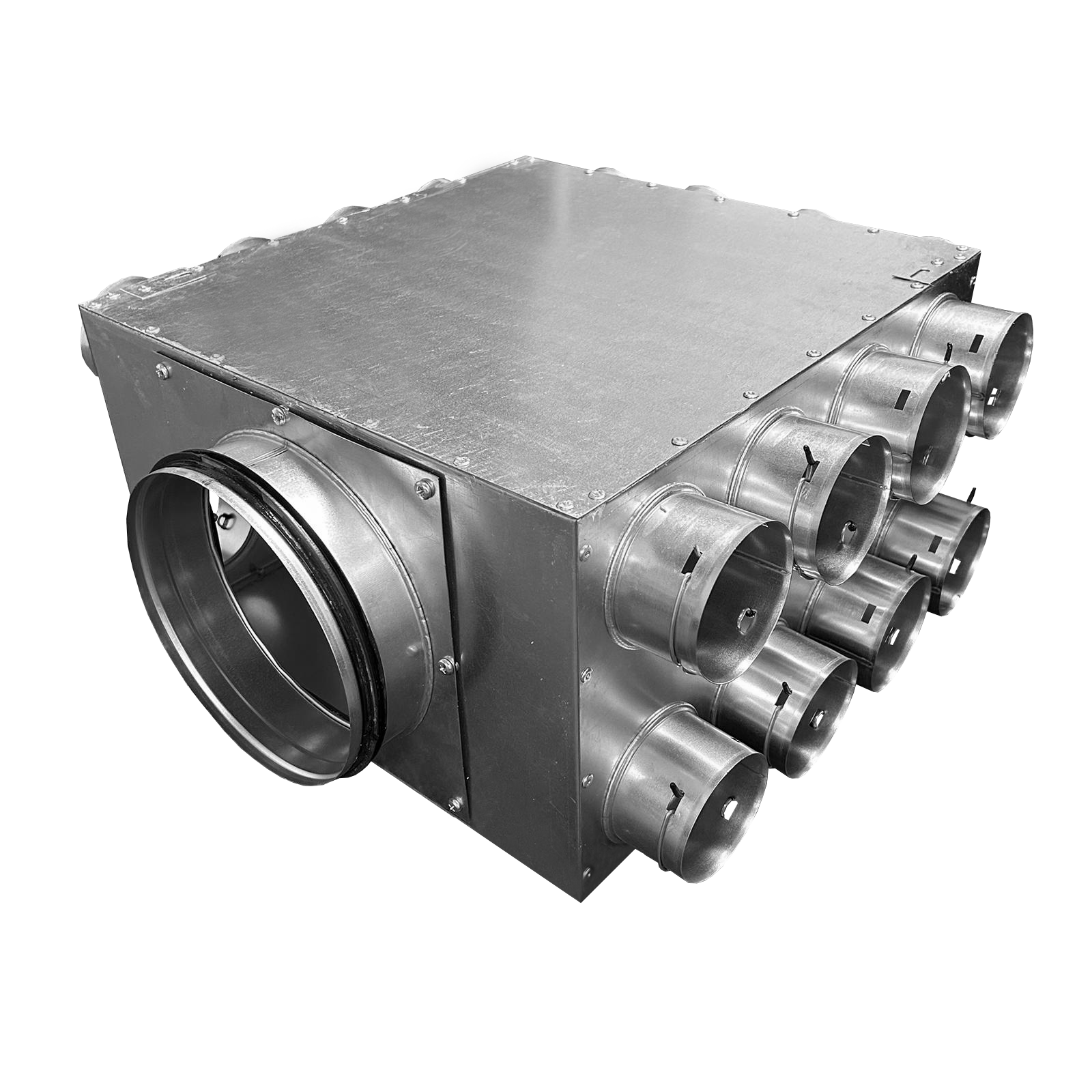 24 port MVHR distribution manifold with adjustable duct connections and blanking caps