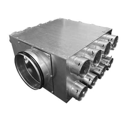 24 port MVHR distribution manifold with adjustable duct connections and blanking caps