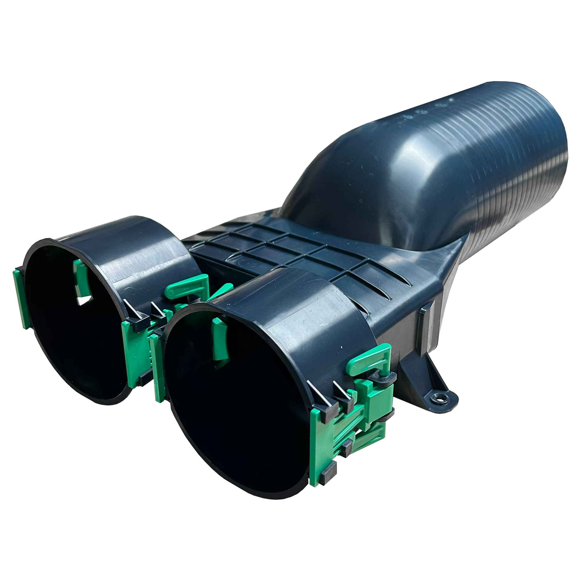 Plastic fitting with green connectors on a white background