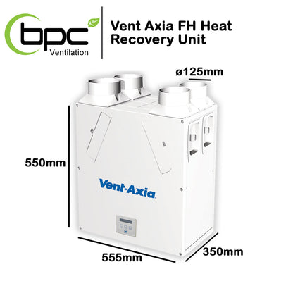 Vent Axia FH Heat Recovery Unit with dimensions and BPC Ventilation logo on a white background