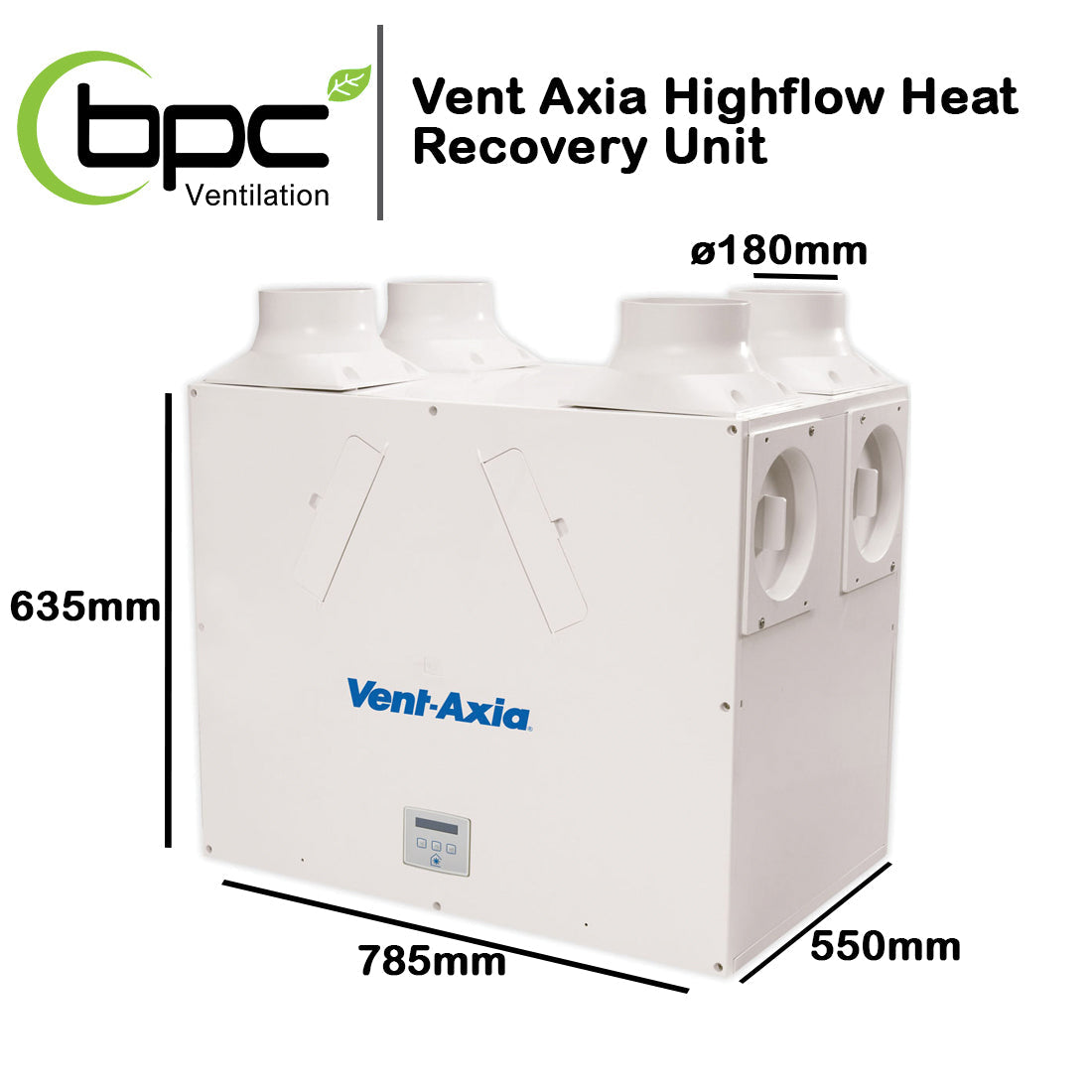 Vent Axia Highflow Heat Recovery Unit with dimensions labeled on a white background